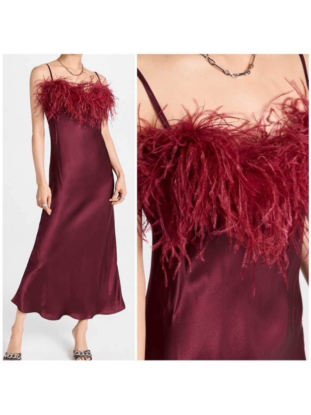 Sleeper Burgundy Midi Slip Dress with Feather Trim